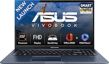 ASUS Vivobook 15, Smartchoice, AMD Ryzen 7 5825U, 16GB RAM, 512GB SSD, FHD 15.6", Windows 11, Office Home 2024, Quiet Blue, 1.7Kg, M1502YA-BQ703WS, AMD Radeon iGPU, M365 Basic (1Year)*, 42Whr Laptop